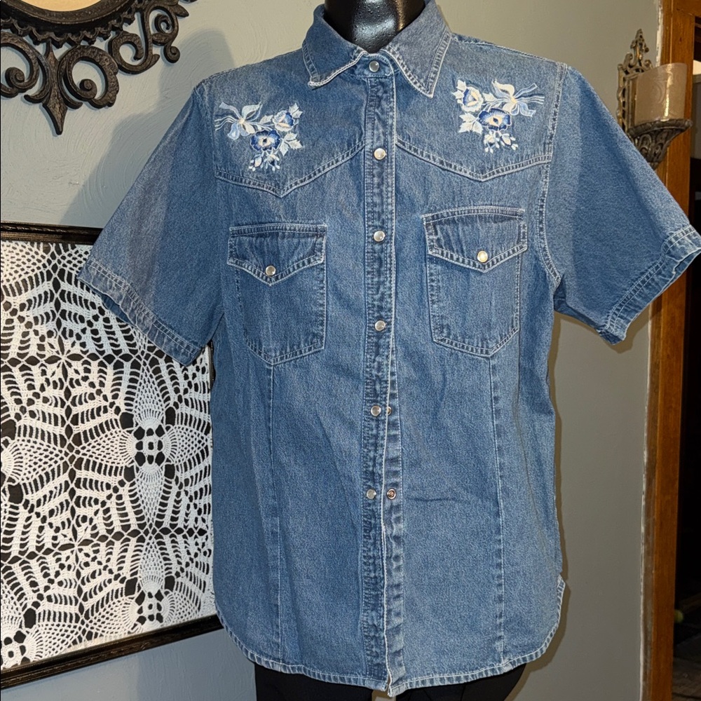 Studio West Blue Button Down Shirt with White Floral Embroidery